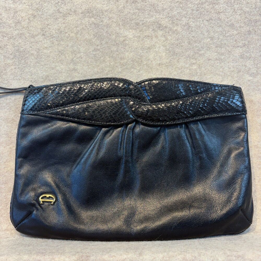Vintage Etienne Aigner Black Leather Clutch Snakeskin Trim Fold-Over Bag